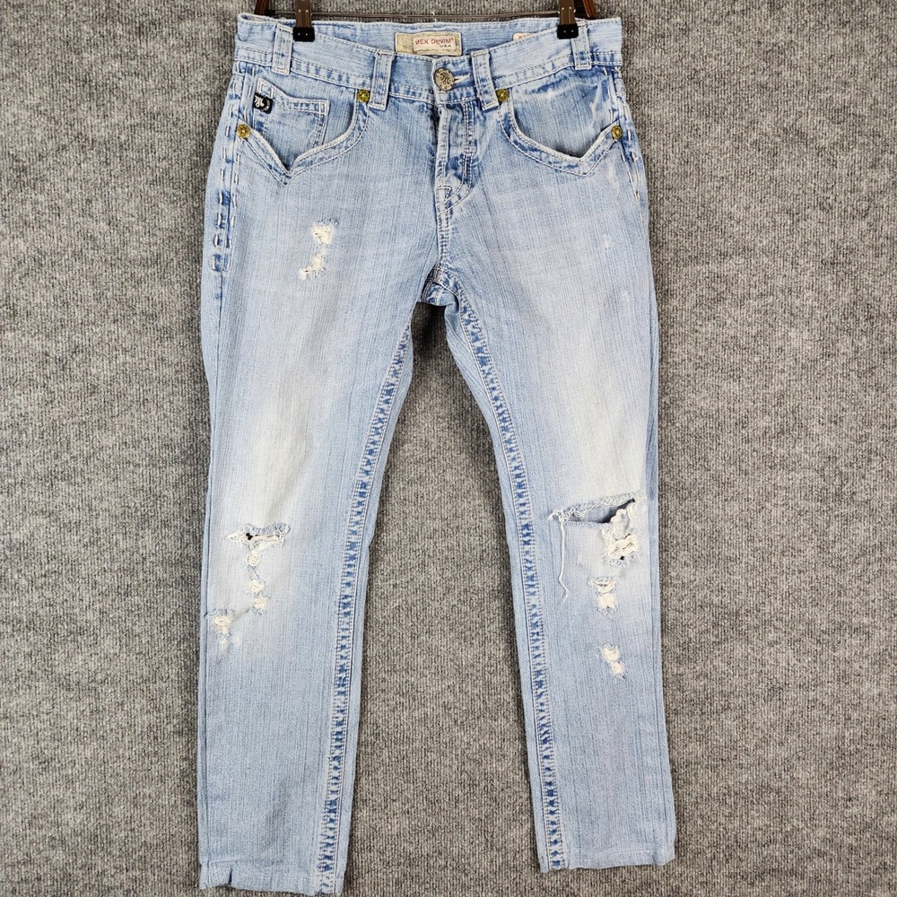 MEK Denim Ibiza Jeans Bootcut Mens 32x28 Distressed Button Fly Light Blue